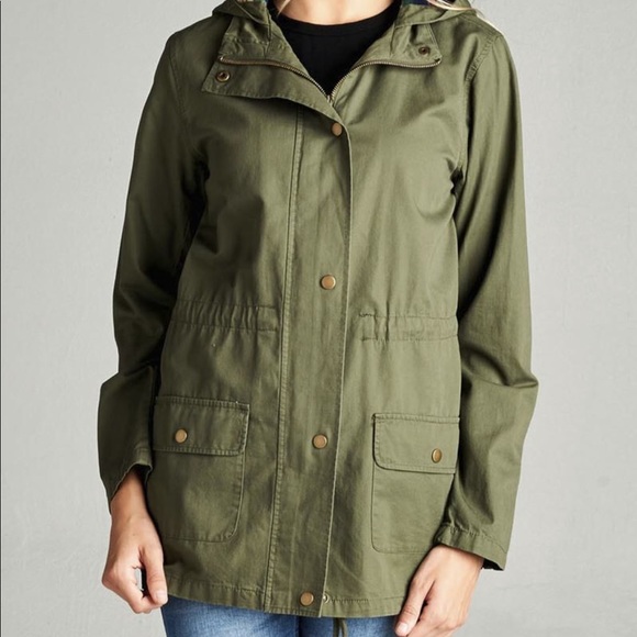 Jackets & Blazers - Olive Hooded Drawstring Utility Jacket